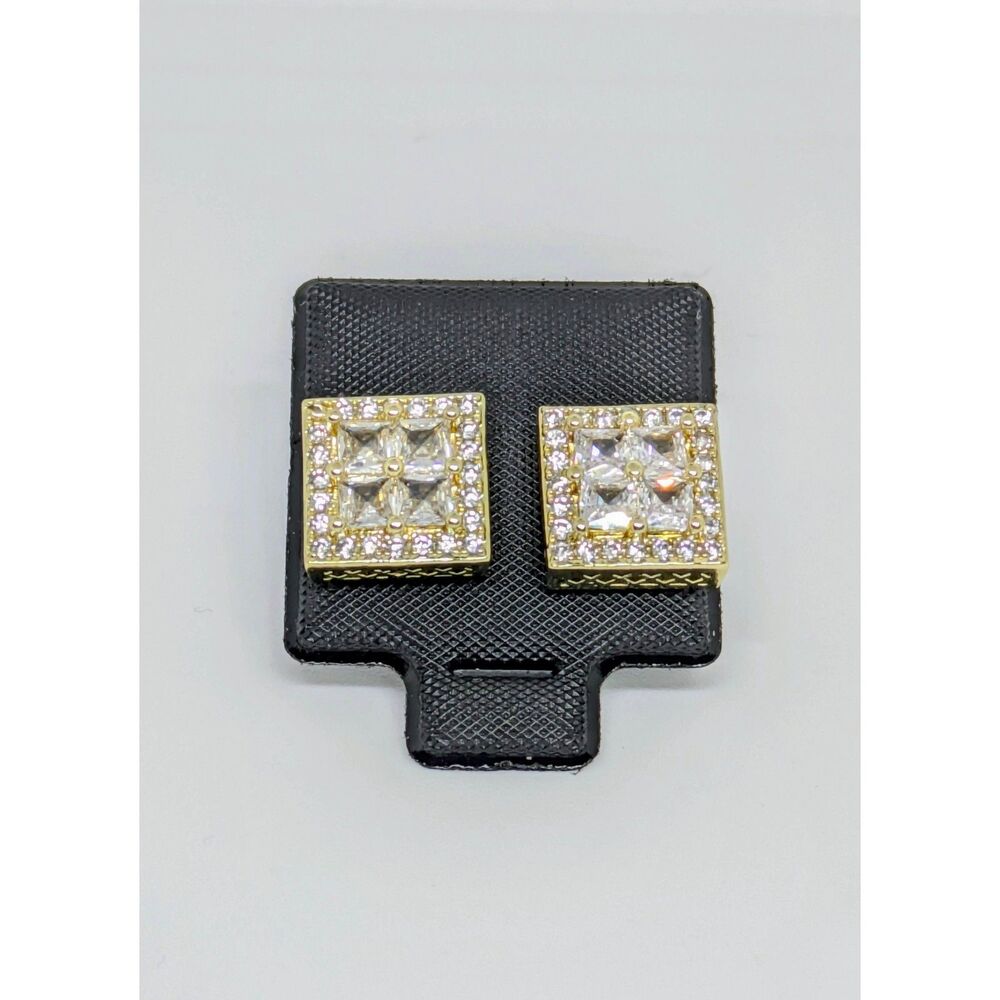 Mens New 14K Gold Filled Square CZ cluster Screwback Iced out Earrings (unisex)